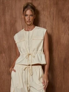 MUSERA 宽松圆领拉链口袋可调节腰身背心，可爱又百搭，适合约会、外出、夜生活、工作、办公室、冬季派对等场合，简洁优雅。 - 米色 - 查看 1