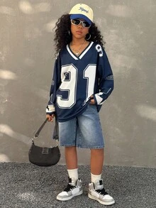 Coolane Kids 青少年女孩秋冬街头运动休闲亲子服装透气网眼棒球服 V 领 T 恤、补丁、返校、运动休闲 - 藏蓝色 - 查看 2