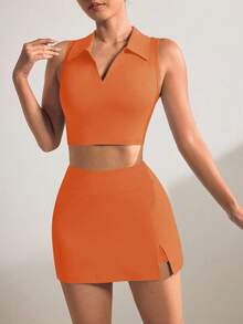 Bộ đồ thể thao áo ba lỗ ngắn màu trơn và quần short váy ngắn - trái cam - Xem 3