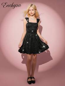 少女节日派对宴会法式少女金属光泽方领细肩带公主迷你连衣裙 - 黑色 - 查看 7