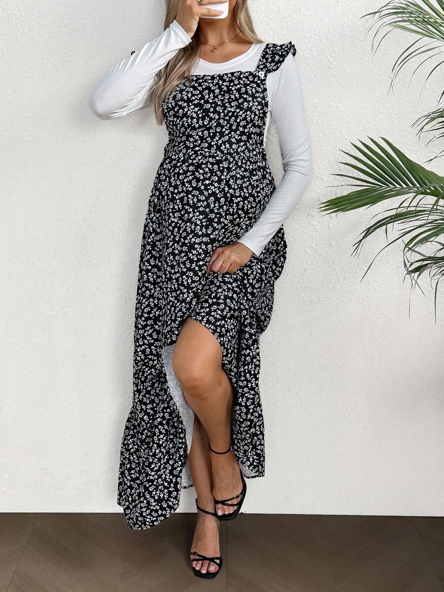 SHEIN Váy bầu tay lỡ họa tiết hoa thanh lịch cho kỳ nghỉ - màu đen - Xem 1