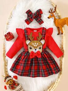 SHEIN Newborn Baby Girl Autumn/Winter Christmas Holiday Cute Cartoon Deer Suspender Plaid Skirt With Bow Knot And Red Long Sleeved Bodysuit Forehead And Headband Holiday Style Cute Fabric Comfortable Fall - Red - View 2