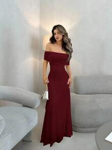 Jemour Women's Off Shoulder Gathered Waist Ruffle Hem Elegant Long Dress, Suitable For Wedding, Date Occasions - Burgundy - View 6