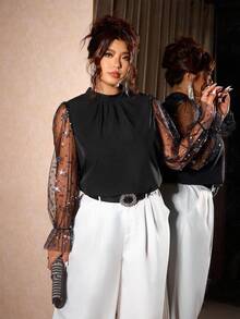 Cravure Plus Size Women Fashionable Elegant Luxury Casual Commuter Sequin & Mesh Splice Design Collar Blouse Fall Cloth For Women - Black - View 3