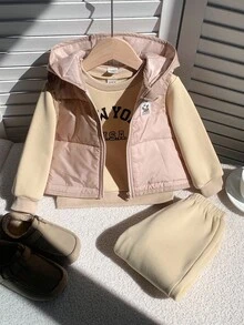 男婴加厚连帽保暖外套、套头卫衣和休闲裤冬季运动套装 - 杏色 - 查看 6