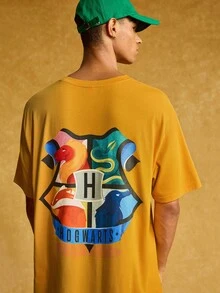 HARRY POTTER X SHEIN Men's Casual Loose Fit Animal Badge & Letter Print Drop Shoulder Short Sleeve T-Shirt, Summer