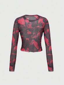 Black Jack X ROMWE Punk Style Mesh Allover Print Fitted Long Sleeve Top - Burgundy - View 2