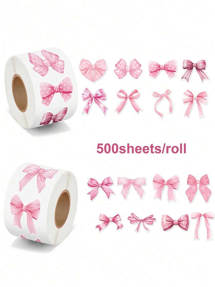 SHEIN 500张/包粉色蝴蝶结封口贴，可爱礼盒祝福贴，包装装饰不干胶贴纸材料，学校用品，返校 - 粉色 - 查看 1