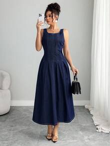 Elenzga Robe en jean longue plissée décontractée sans manches pour femmes