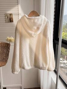 SHEIN Girls' Jacket, Casual Sports, Solid Color Fuzzy Fabric + Sports Patch Decor, Short Length Long Sleeve Hooded Jacket Outerwear, Paired With T-Shirt, Sweater, Pants, Sweatpants, Winter Clothes For Kids Fall