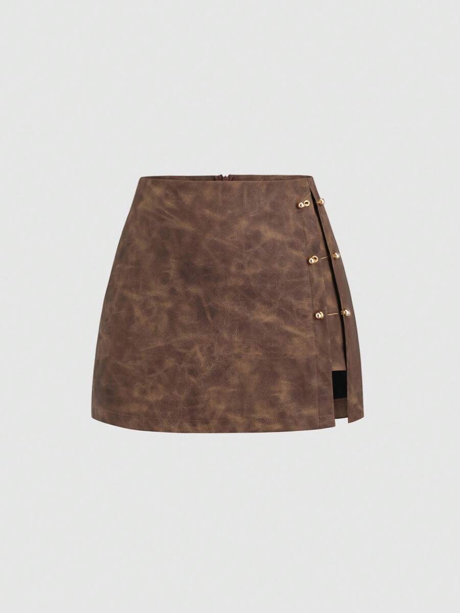 Sweetra Vintage Style PU Metal Buckle Design Short A-Line Skirt For Women, Autumn - Brown - View 1