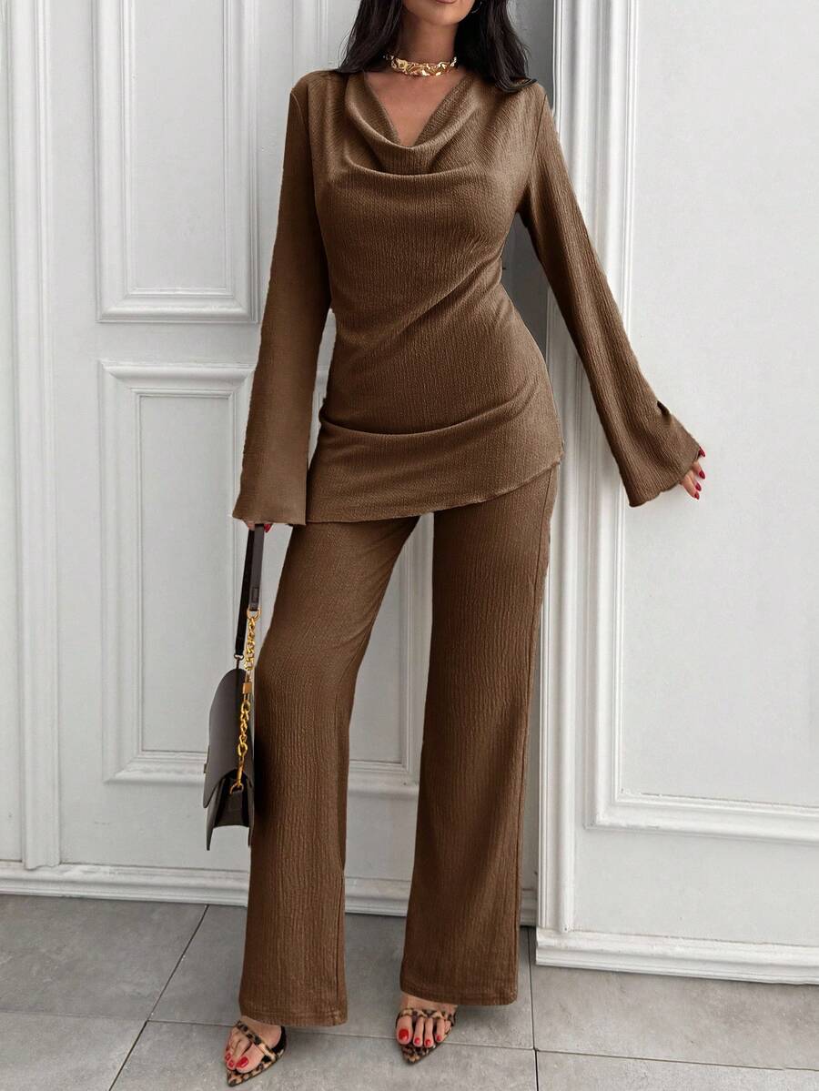 EURMUSE 2 Pieces Outfits For Women 90s Casual Boho Muse Blouse Flare Leg Pants Solid Daily Pleated Suit - Brown - View 1