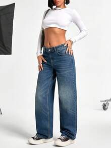 EURMUSE Blugi drepți cu talie joasă, broderie și detalii