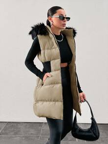Padded Vest With Furry Hood And Adjustable Waist, Two Side Pockets, Thick And Fashionable Puffer Jacket, Quilting Details - Beige - View 6