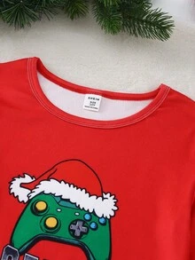 2pcs/Set Tween Boys' Video Game & Santa Hat Print Long Sleeve Top And Leggings Comfortable Pajama Set - Multicolor - View 4