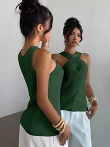 Selianne Top de punto minimalista con cuello cruzado, diseño de nicho casual - Verde - Ver 2