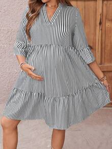 SHEIN 女式短袖立领条纹衬衫裙 - 淺灰色 - 查看 3
