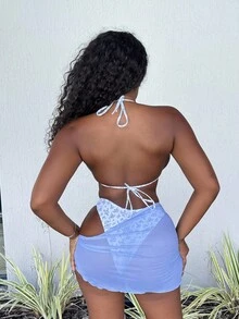 Alexandranx Women's Summer Beach Ditsy Floral Halter Neck Tie Bikini Swimwear Set With Cover-Up Skirt, 3 Pieces Bathing Suits