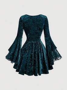 SHEIN MOD Lace Patchwork Velvet Drawstring Ruffle Hem Women's Mini Dress ,Dresses For Women,Elegant Dresses For Women,Elegant Dresses For Party,Green Dress,Halloween Dress,Fall Dresses For Women,Winter Dress Women,Halloween Costumes,Green Dress For Women,Christmas Dress