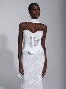 Elitara Elegant Luxurious Off-Shoulder Detachable Sheer Sleeve Satin & Lace Mermaid Maxi Dress With Trailing Train, Suitable For Weddings, Events, Parties, Honeymoon - Beige - View 8