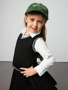 Elladie kids Vestă tricotată în stil universitar pentru fete tinere, cămașă albă cu mânecă lungă, costum din 3 piese, uniformă școlară pentru copii, haine pentru fete, seturi de fuste plisate negre și albe pentru copii, haine drăguțe pentru școală, uniformă școlară pentru fete, fustă școlară pentru fete, ținută alb-negru - Negru - Vizualizare 6