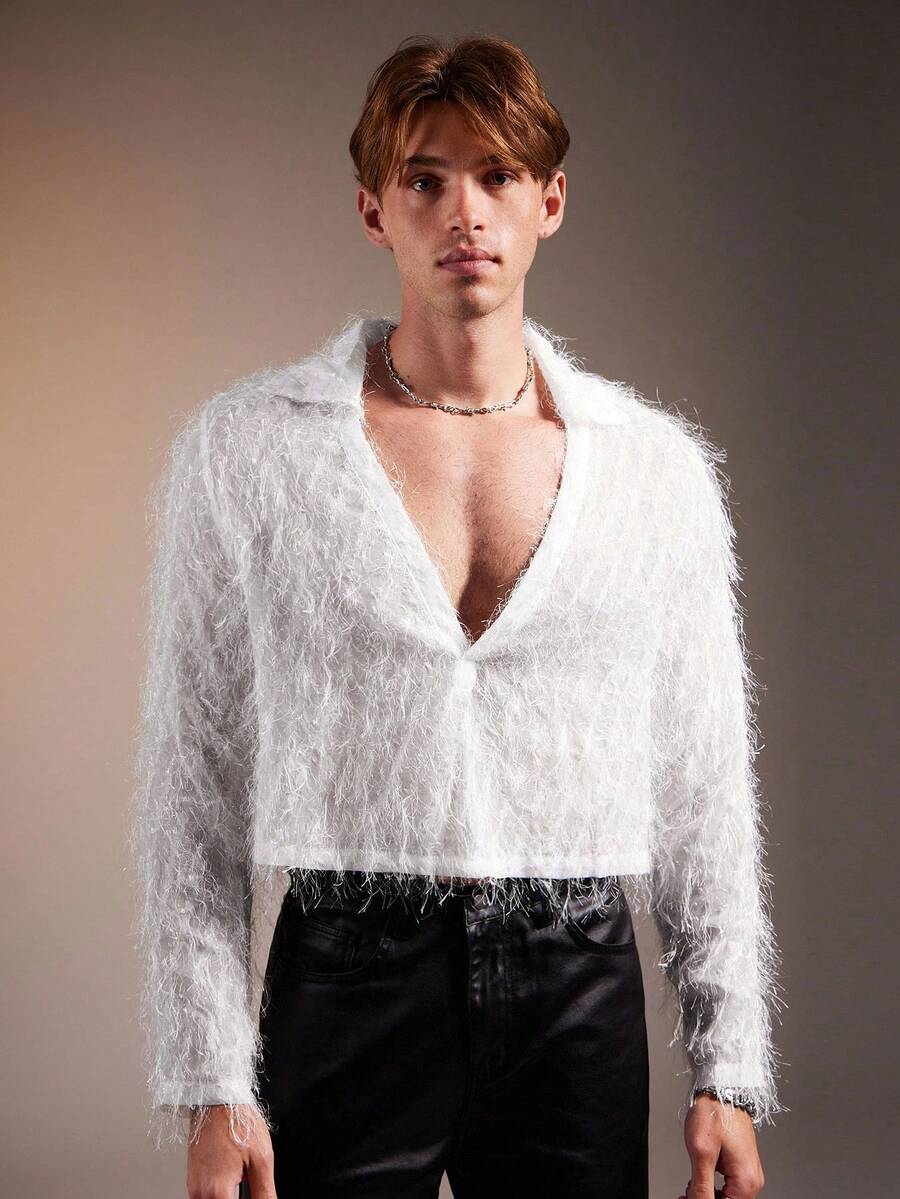 FeverCity 男士夏季个性化镂空花朵 Polo 衫，深 V 设计上衣 - 白色 - 查看 1