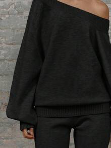 MUSERA Oversized Asymmetrical Shoulder Balloon Sleeve Baggy Slouchy Rib Knit Sweater Classy Cosy Cute Night Out Evening Party Elegant Spring Vacation - Black - View 5