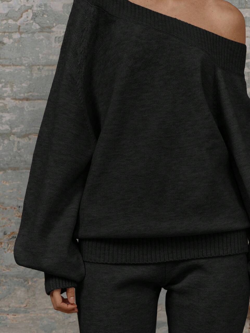 Black Rib Knit Oversized Asymmetrical Shoulder Balloon Sleeve Sweater