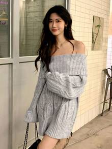 DAZY 女士宽松露肩插肩针织毛衣，灰色休闲风，冬季可爱上衣 - 灰色 - 查看 4