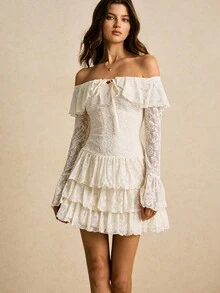Poéselle Ivory Off-Shoulder Lace Mini Dress With Flared Sleeves & Tiered Ruffle Skirt – Romantic Bridal Shower Look,White Lace Mini Dress, Off Shoulder Ruffle Dress,Bridal Shower Outfit, Romantic Boho Dress, Tiered Mini Dress, Cottagecore Fashion, Engagement Party Dress,Feminine Date Night Style,Women's Elegant Solid Color Lace Off Shoulder Ruffle Flare Sleeve Mini Dress