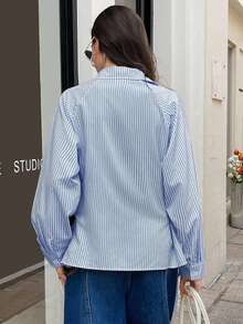 GENKIRA 法式马球领系腰修身长袖衬衫 - 淺藍色 - 查看 2