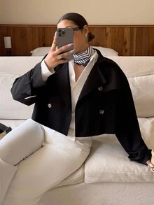 Dripcurv Plus Size Vintage Style Black Cropped Trench Coat With Collar - Black - View 3