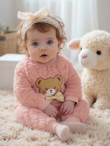 SHEIN 2pcs Baby Clothes Set, Cute Bear Head Pattern Sweatshirt And Fuzzy Long Pants, Sweet And Adorable, Autumn/Winter Fall - Pink - View 8