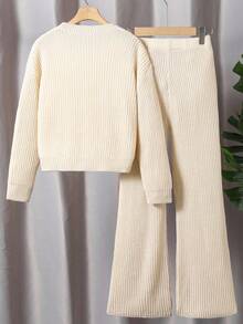 Sparklyn Conjunto de dos piezas de suéter para niñas preadolescentes - Suéter de punto grueso sólido en beige y pantalones de pierna ancha, suéter de cuello redondo de ajuste relajado con pantalones rectos de estar en casa, ropa cómoda y casual para primavera/otoño/invierno - Albaricoque - Ver 8