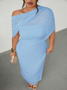 Firerie Plus Size Elegant Romantic Ruffle Asymmetric Waist Fitted Dress, Comfortable Casual New Style For Spring/Summer - Baby Blue - View 8
