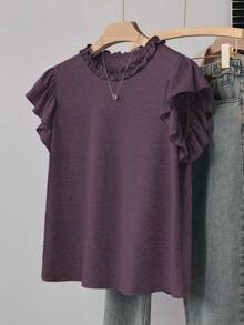 Franclia 女士休闲宽松灰色 T 恤，荷叶边圆领和袖子，适合通勤、郊游、学校、派对、家庭活动、春夏季