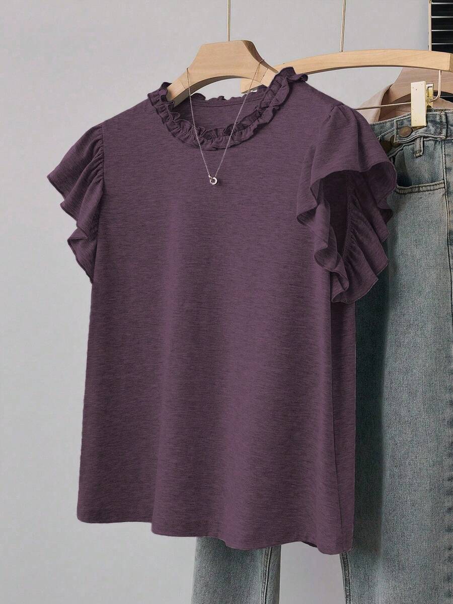 Franclia 女士休闲宽松灰色 T 恤，荷叶边圆领和袖子，适合通勤、郊游、学校、派对、家庭活动、春夏季