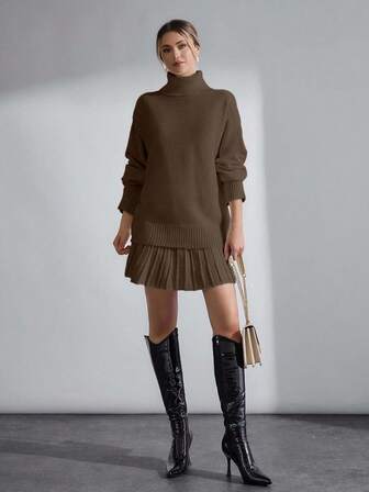 SHEIN 2 pezzi/set Maglione da donna a maniche lunghe e collo alto con gonna, monocolore