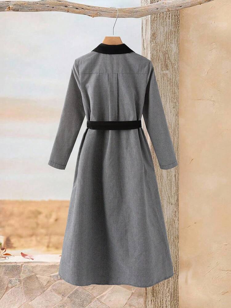 Women's Black And White Striped Plaid Print Belted Dress,Elegant Office Casual Commuter Winter Autumn Clothes,Long Fall Dresses For Women Outfit