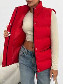 EURMUSE Women High Neck Zip Detailed Vest Winter Coat - Red - View 8