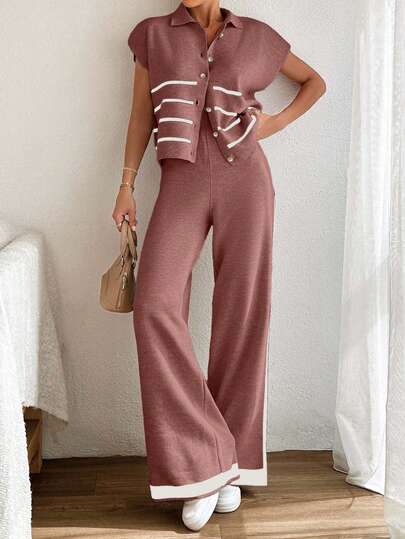 SHEIN Tall Women's Striped Single-Breasted Casual Knit Cardigan And Knit Pants Casual Suit,Loungewear Set,Winter Co Ord Set,Co Ord,Winter Clothes,Knitted Co Ord Set