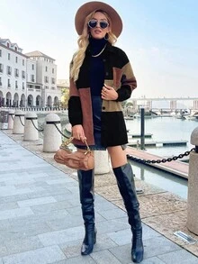 EMERY ROSE Fall Winter Women Multi-Color Clash Coat,Casual Black Brown Contrast Detail Design Button Shirt Collar Pocket,Business Office Workplace Occasion Coat - Brown - View 6