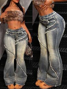 Jeanoix Plus Size Women Adjustable Buckle Design Frayed Hem Flare Jeans - Blue - View 7