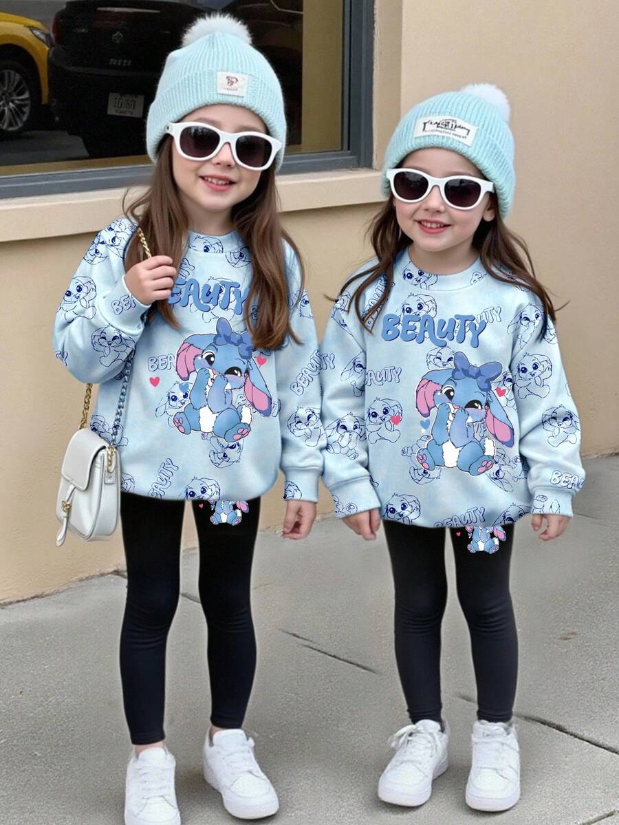 SHEIN Back To School Baby Girl Fashion Casual Cute Rabbit Digital Print Blue Outfit, Cartoon Round Neck Sweatshirt + Leggings Set, Versatile Suit For Girls Matching Girl Outfits Sisters Matching Outfit Baby Girl Winter Clothes Baby Girls Sets Fall - Multicolor - View 1