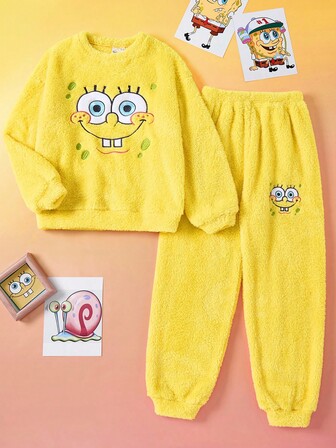 SpongeBob SquarePants | SHEIN Tween Girl Cartoon Embroidered Crew Neck Long Sleeve Top And Coral Fleece Pants Pajama Set, Suitable For Autumn/Winter Fall
