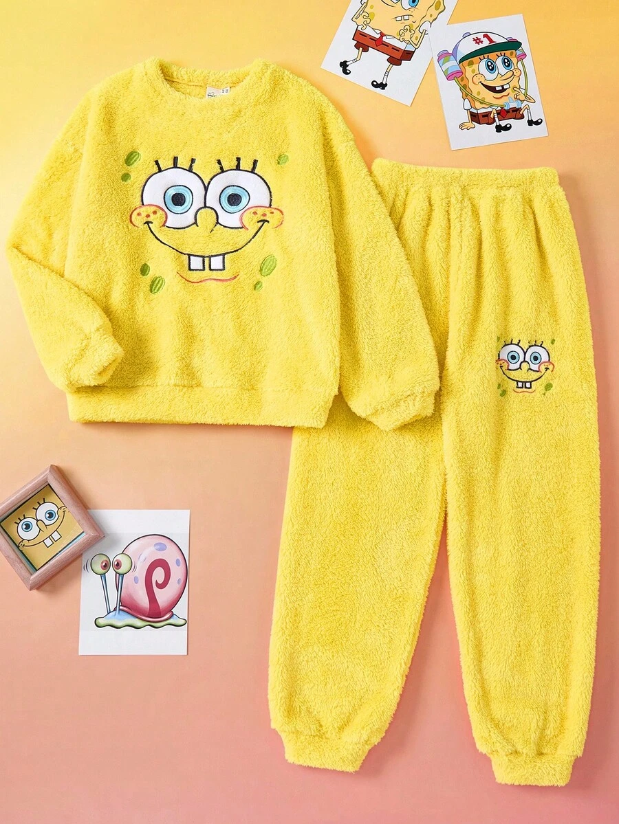 SpongeBob SquarePants | SHEIN Tween Girl Cartoon Embroidered Crew Neck Long Sleeve Top And Coral Fleece Pants Pajama Set, Suitable For Autumn/Winter Fall - Yellow - View 1