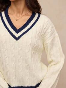 Activina Sweter damski w paski z dekoltem w serek i długimi rękawami, z warkoczowym wzorem