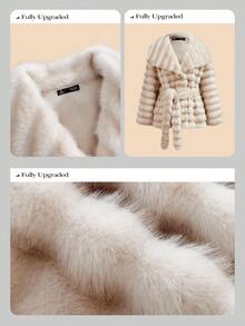 Anewsta Women's Smooth Faux Fur Collar Belted Striped Layered Autumn/Winter Faux Fur Coat - White - View 3