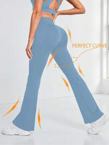 Easithlete Damen einfarbige Yoga-Hosen mit hoher Taille, Seitentaschen und weitem Bein - Blau - Übersicht 5