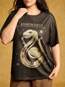 HARRY POTTER X SHEIN Plus Size Summer Casual Snake Print Round Neck Drop Shoulder Oversize Short Sleeve T-Shirt - Black - View 5